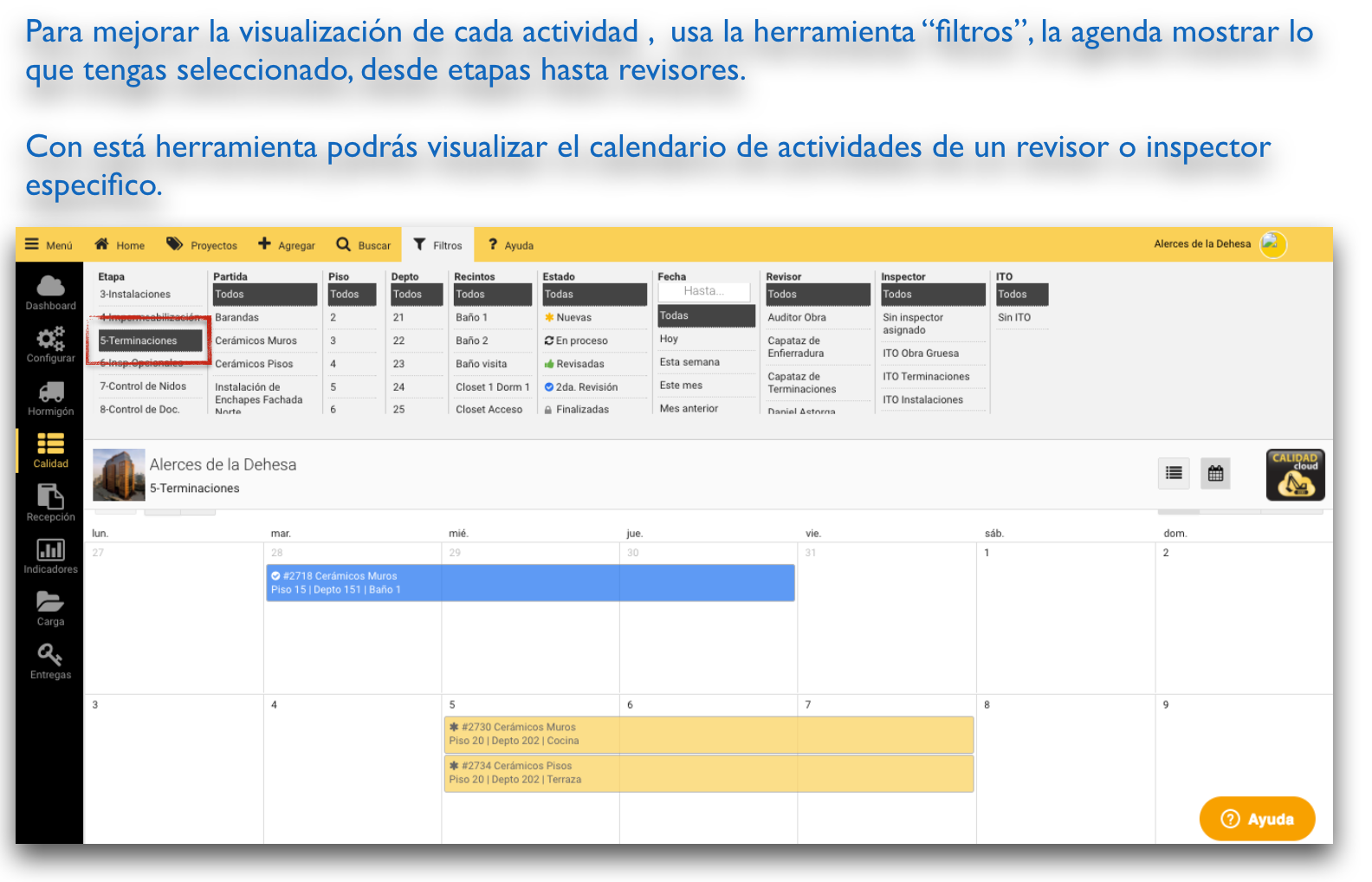 Visualización de fichas en modo Calendario – Calidad Cloud